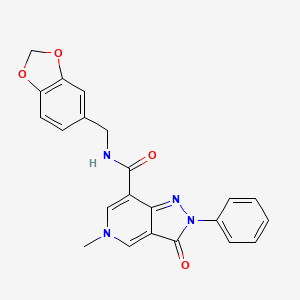 molecular formula C22H18N4O4 B2995826 N-(benzo[d][1,3]dioxol-5-ylmethyl)-5-methyl-3-oxo-2-phenyl-3,5-dihydro-2H-pyrazolo[4,3-c]pyridine-7-carboxamide CAS No. 921507-43-9