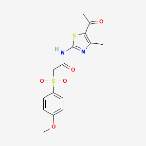 molecular formula C15H16N2O5S2 B2995842 N-(5-乙酰基-4-甲基噻唑-2-基)-2-((4-甲氧基苯基)磺酰基)乙酰胺 CAS No. 941951-73-1