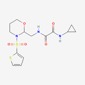 molecular formula C14H19N3O5S2 B2995880 N'-cyclopropyl-N-[(3-thiophen-2-ylsulfonyl-1,3-oxazinan-2-yl)methyl]oxamide CAS No. 872986-92-0
