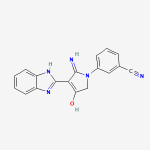 molecular formula C18H13N5O B2995885 3-[5-amino-4-(1H-benzimidazol-2-yl)-3-oxo-2,3-dihydro-1H-pyrrol-1-yl]benzonitrile CAS No. 1029797-43-0