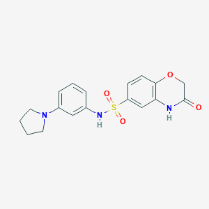 molecular formula C18H19N3O4S B299589 3-oxo-N-[3-(1-pyrrolidinyl)phenyl]-3,4-dihydro-2H-1,4-benzoxazine-6-sulfonamide 