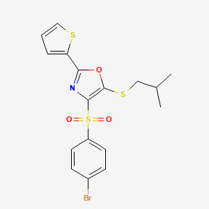 molecular formula C17H16BrNO3S3 B2995916 4-((4-Bromophenyl)sulfonyl)-5-(isobutylthio)-2-(thiophen-2-yl)oxazole CAS No. 850928-43-7