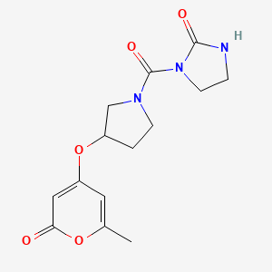 molecular formula C14H17N3O5 B2995963 1-(3-((6-methyl-2-oxo-2H-pyran-4-yl)oxy)pyrrolidine-1-carbonyl)imidazolidin-2-one CAS No. 1705201-87-1
