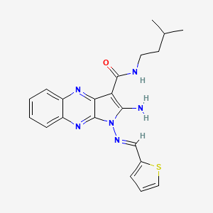 molecular formula C21H22N6OS B2995989 (E)-2-氨基-N-异戊基-1-((噻吩-2-基亚甲基)氨基)-1H-吡咯并[2,3-b]喹喔啉-3-甲酰胺 CAS No. 577963-01-0