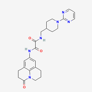 molecular formula C24H28N6O3 B2995991 N1-(3-oxo-1,2,3,5,6,7-hexahydropyrido[3,2,1-ij]quinolin-9-yl)-N2-((1-(pyrimidin-2-yl)piperidin-4-yl)methyl)oxalamide CAS No. 1286705-75-6