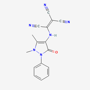 molecular formula C16H12N6O B2996037 2-((2,3-Dimethyl-5-oxo-1-phenyl-3-pyrazolin-4-YL)amino)ethene-1,1,2-tricarbonitrile CAS No. 324040-58-6