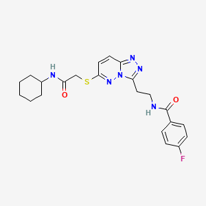 molecular formula C22H25FN6O2S B2996048 N-(2-(6-((2-(cyclohexylamino)-2-oxoethyl)thio)-[1,2,4]triazolo[4,3-b]pyridazin-3-yl)ethyl)-4-fluorobenzamide CAS No. 897619-86-2