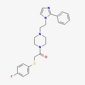 molecular formula C23H25FN4OS B2996079 2-((4-fluorophenyl)thio)-1-(4-(2-(2-phenyl-1H-imidazol-1-yl)ethyl)piperazin-1-yl)ethanone CAS No. 1396859-25-8
