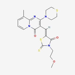 molecular formula C20H22N4O3S3 B2996085 (Z)-3-(2-methoxyethyl)-5-((9-methyl-4-oxo-2-thiomorpholino-4H-pyrido[1,2-a]pyrimidin-3-yl)methylene)-2-thioxothiazolidin-4-one CAS No. 496771-11-0