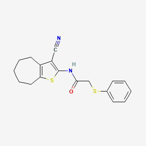 molecular formula C18H18N2OS2 B2996104 N-(3-cyano-5,6,7,8-tetrahydro-4H-cyclohepta[b]thiophen-2-yl)-2-phenylsulfanylacetamide CAS No. 797020-75-8