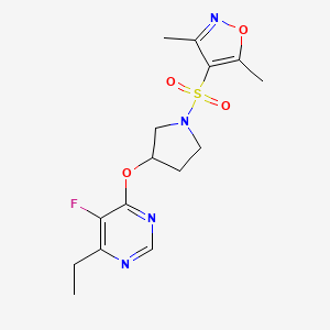 molecular formula C15H19FN4O4S B2996138 4-((3-((6-Ethyl-5-fluoropyrimidin-4-yl)oxy)pyrrolidin-1-yl)sulfonyl)-3,5-dimethylisoxazole CAS No. 2034249-82-4