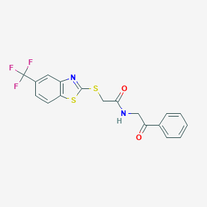 molecular formula C18H13F3N2O2S2 B299631 N-(2-oxo-2-phenylethyl)-2-{[5-(trifluoromethyl)-1,3-benzothiazol-2-yl]sulfanyl}acetamide 