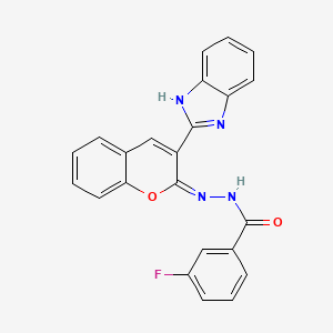 molecular formula C23H15FN4O2 B2996337 N-[(E)-[3-(1H-benzimidazol-2-yl)chromen-2-ylidene]amino]-3-fluorobenzamide CAS No. 328555-61-9