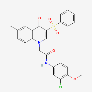 molecular formula C25H21ClN2O5S B2996361 2-[3-(benzenesulfonyl)-6-methyl-4-oxoquinolin-1-yl]-N-(3-chloro-4-methoxyphenyl)acetamide CAS No. 866588-80-9