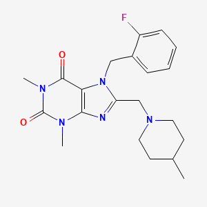 molecular formula C21H26FN5O2 B2996372 7-(2-fluorobenzyl)-1,3-dimethyl-8-[(4-methylpiperidin-1-yl)methyl]-3,7-dihydro-1H-purine-2,6-dione CAS No. 851939-37-2