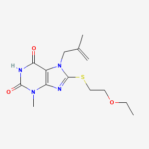 molecular formula C14H20N4O3S B2996393 8-(2-Ethoxyethylsulfanyl)-3-methyl-7-(2-methylprop-2-enyl)purine-2,6-dione CAS No. 573943-42-7