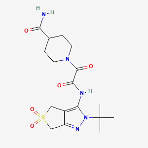 molecular formula C17H25N5O5S B2996482 1-(2-((2-(tert-butyl)-5,5-dioxido-4,6-dihydro-2H-thieno[3,4-c]pyrazol-3-yl)amino)-2-oxoacetyl)piperidine-4-carboxamide CAS No. 942007-30-9