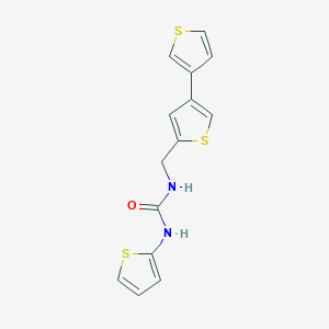 molecular formula C14H12N2OS3 B2996541 1-Thiophen-2-yl-3-[(4-thiophen-3-ylthiophen-2-yl)methyl]urea CAS No. 2380034-20-6