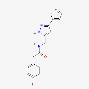 molecular formula C17H16FN3OS B2996613 2-(4-Fluorophenyl)-N-[(2-methyl-5-thiophen-2-ylpyrazol-3-yl)methyl]acetamide CAS No. 2309748-22-7