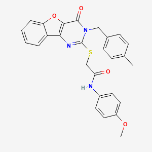 molecular formula C27H23N3O4S B2996645 N-(4-methoxyphenyl)-2-[[3-[(4-methylphenyl)methyl]-4-oxo-[1]benzofuro[3,2-d]pyrimidin-2-yl]sulfanyl]acetamide CAS No. 866846-09-5