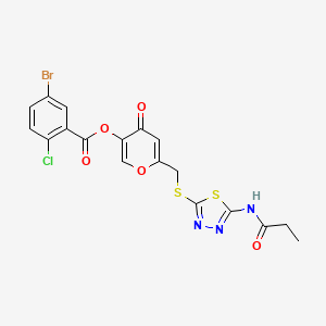 molecular formula C18H13BrClN3O5S2 B2996647 4-氧代-6-(((5-丙酰胺基-1,3,4-噻二唑-2-基)硫代)甲基)-4H-吡喃-3-基 5-溴-2-氯苯甲酸酯 CAS No. 896018-98-7