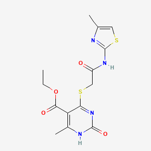 molecular formula C14H16N4O4S2 B2996657 Ethyl 6-methyl-4-((2-((4-methylthiazol-2-yl)amino)-2-oxoethyl)thio)-2-oxo-1,2-dihydropyrimidine-5-carboxylate CAS No. 896366-97-5