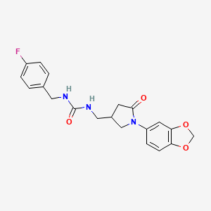 molecular formula C20H20FN3O4 B2996732 1-((1-(Benzo[d][1,3]dioxol-5-yl)-5-oxopyrrolidin-3-yl)methyl)-3-(4-fluorobenzyl)urea CAS No. 955258-47-6