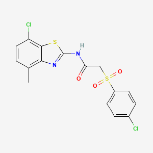 molecular formula C16H12Cl2N2O3S2 B2996750 N-(7-氯-4-甲基苯并[d]噻唑-2-基)-2-((4-氯苯基)磺酰基)乙酰胺 CAS No. 895471-59-7