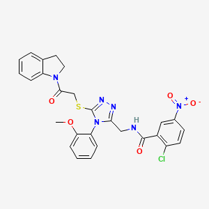 molecular formula C27H23ClN6O5S B2996772 2-chloro-N-((5-((2-(indolin-1-yl)-2-oxoethyl)thio)-4-(2-methoxyphenyl)-4H-1,2,4-triazol-3-yl)methyl)-5-nitrobenzamide CAS No. 391939-09-6