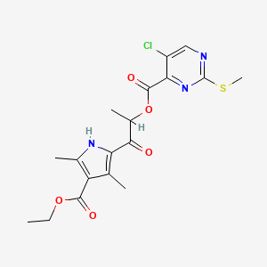 molecular formula C18H20ClN3O5S B2996777 1-[4-(ethoxycarbonyl)-3,5-dimethyl-1H-pyrrol-2-yl]-1-oxopropan-2-yl 5-chloro-2-(methylsulfanyl)pyrimidine-4-carboxylate CAS No. 1111476-69-7