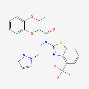 molecular formula C23H19F3N4O3S B2996849 N-(2-(1H-pyrazol-1-yl)ethyl)-3-methyl-N-(4-(trifluoromethyl)benzo[d]thiazol-2-yl)-2,3-dihydrobenzo[b][1,4]dioxine-2-carboxamide CAS No. 1396888-97-3