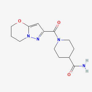 molecular formula C13H18N4O3 B2996883 1-(6,7-二氢-5H-吡唑并[5,1-b][1,3]恶嗪-2-羰基)哌啶-4-甲酰胺 CAS No. 1428374-20-2