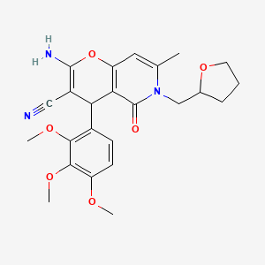 molecular formula C24H27N3O6 B2996901 2-amino-7-methyl-5-oxo-6-((tetrahydrofuran-2-yl)methyl)-4-(2,3,4-trimethoxyphenyl)-5,6-dihydro-4H-pyrano[3,2-c]pyridine-3-carbonitrile CAS No. 712295-85-7