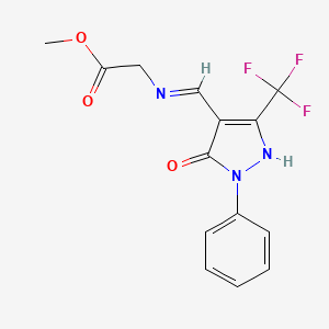 molecular formula C14H12F3N3O3 B2996972 methyl 2-({[5-oxo-1-phenyl-3-(trifluoromethyl)-1,5-dihydro-4H-pyrazol-4-yliden]methyl}amino)acetate CAS No. 477851-27-7