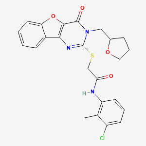 molecular formula C24H22ClN3O4S B2996997 N-(3-chloro-2-methylphenyl)-2-((4-oxo-3-((tetrahydrofuran-2-yl)methyl)-3,4-dihydrobenzofuro[3,2-d]pyrimidin-2-yl)thio)acetamide CAS No. 899942-04-2