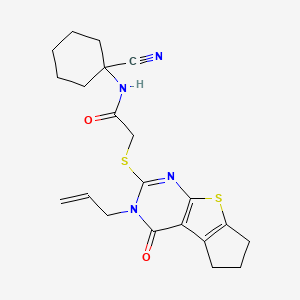 molecular formula C21H24N4O2S2 B2996999 N-(1-Cyanocyclohexyl)-2-[(12-oxo-11-prop-2-enyl-7-thia-9,11-diazatricyclo[6.4.0.02,6]dodeca-1(8),2(6),9-trien-10-yl)sulfanyl]acetamide CAS No. 924024-83-9