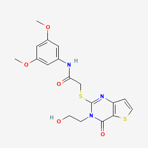 molecular formula C18H19N3O5S2 B2997121 N-(3,5-dimethoxyphenyl)-2-((3-(2-hydroxyethyl)-4-oxo-3,4-dihydrothieno[3,2-d]pyrimidin-2-yl)thio)acetamide CAS No. 1795085-27-6