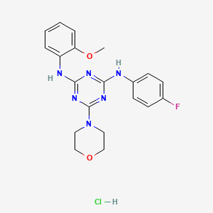 molecular formula C20H22ClFN6O2 B2997150 N2-(4-氟苯基)-N4-(2-甲氧基苯基)-6-吗啉-1,3,5-三嗪-2,4-二胺盐酸盐 CAS No. 1179468-95-1
