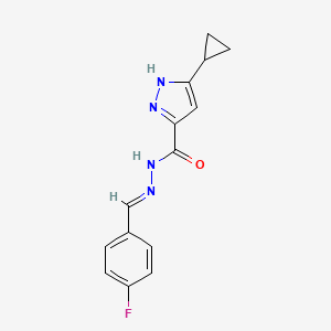 molecular formula C14H13FN4O B2997154 3-cyclopropyl-N'-[(E)-(4-fluorophenyl)methylidene]-1H-pyrazole-5-carbohydrazide CAS No. 306302-20-5