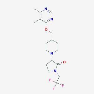 molecular formula C18H25F3N4O2 B2997236 3-(4-(((5,6-二甲基嘧啶-4-基)氧基)甲基)哌啶-1-基)-1-(2,2,2-三氟乙基)吡咯烷-2-酮 CAS No. 2308000-31-7