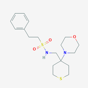 molecular formula C18H28N2O3S2 B2997274 N-[(4-Morpholin-4-ylthian-4-yl)methyl]-2-phenylethanesulfonamide CAS No. 2380174-48-9