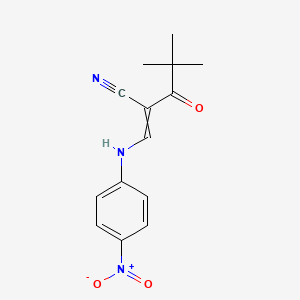 molecular formula C14H15N3O3 B2997304 4,4-Dimethyl-2-[(4-nitroanilino)methylidene]-3-oxopentanenitrile CAS No. 1025129-85-4