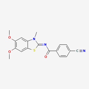 molecular formula C18H15N3O3S B2997309 4-cyano-N-(5,6-dimethoxy-3-methyl-1,3-benzothiazol-2-ylidene)benzamide CAS No. 895454-37-2