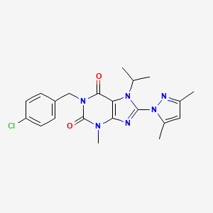 molecular formula C21H23ClN6O2 B2997315 8-(3,5-Dimethylpyrazolyl)-1-[(4-chlorophenyl)methyl]-3-methyl-7-(methylethyl)-1,3,7-trihydropurine-2,6-dione CAS No. 1013876-21-5