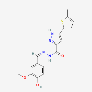 molecular formula C17H16N4O3S B2997349 (Z)-N'-(4-羟基-3-甲氧基苄亚胺)-3-(5-甲基噻吩-2-基)-1H-吡唑-5-甲酰肼 CAS No. 403650-85-1