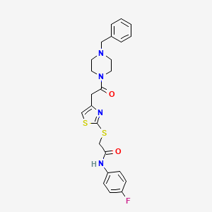 molecular formula C24H25FN4O2S2 B2997357 2-((4-(2-(4-benzylpiperazin-1-yl)-2-oxoethyl)thiazol-2-yl)thio)-N-(4-fluorophenyl)acetamide CAS No. 941874-07-3
