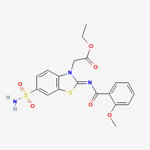molecular formula C19H19N3O6S2 B2997449 2-[2-(2-甲氧基苯甲酰)亚氨基-6-磺酰氨基-1,3-苯并噻唑-3-基]乙酸乙酯 CAS No. 865248-18-6