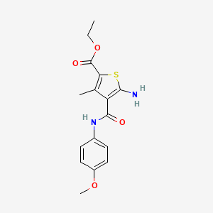 molecular formula C16H18N2O4S B2997456 Ethyl 5-amino-4-[(4-methoxyphenyl)carbamoyl]-3-methylthiophene-2-carboxylate CAS No. 769161-98-0