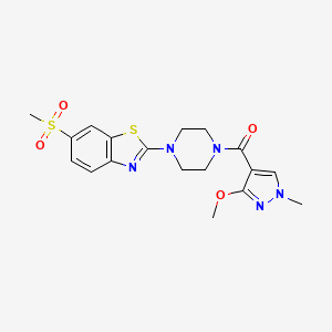 molecular formula C18H21N5O4S2 B2997493 (3-甲氧基-1-甲基-1H-吡唑-4-基)(4-(6-(甲磺酰基)苯并[d]噻唑-2-基)哌嗪-1-基)甲苯酮 CAS No. 1171194-14-1