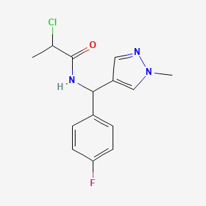 molecular formula C14H15ClFN3O B2997562 2-Chloro-N-[(4-fluorophenyl)-(1-methylpyrazol-4-yl)methyl]propanamide CAS No. 2411265-35-3